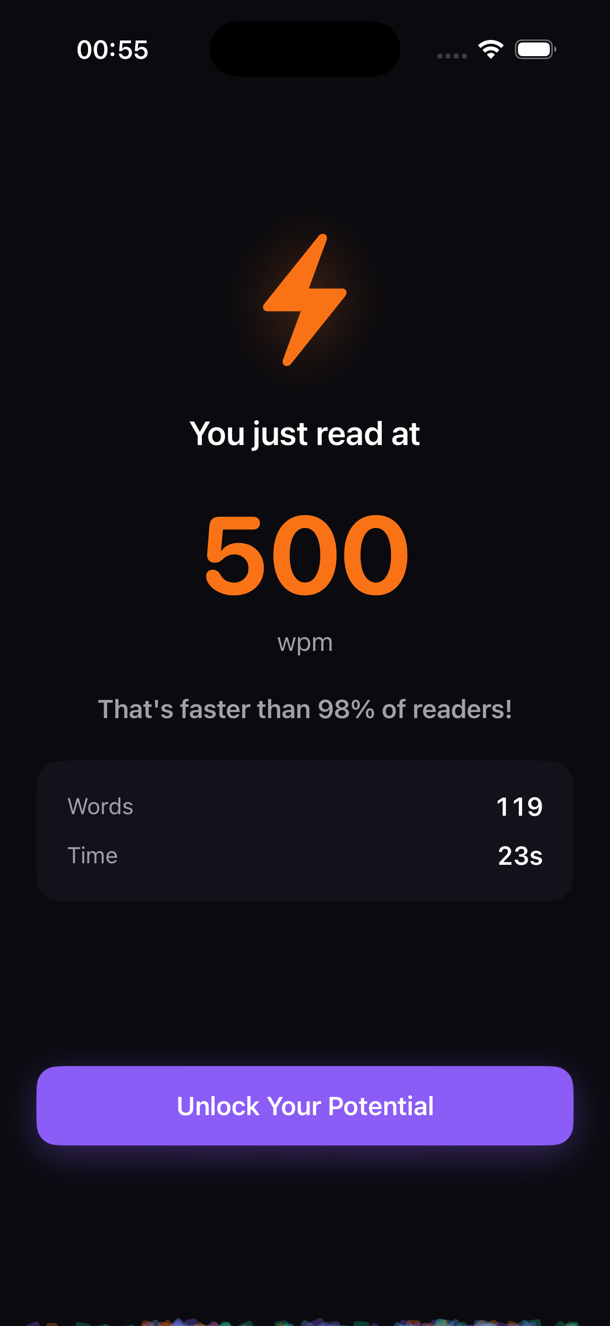 Results screen showing 500 wpm